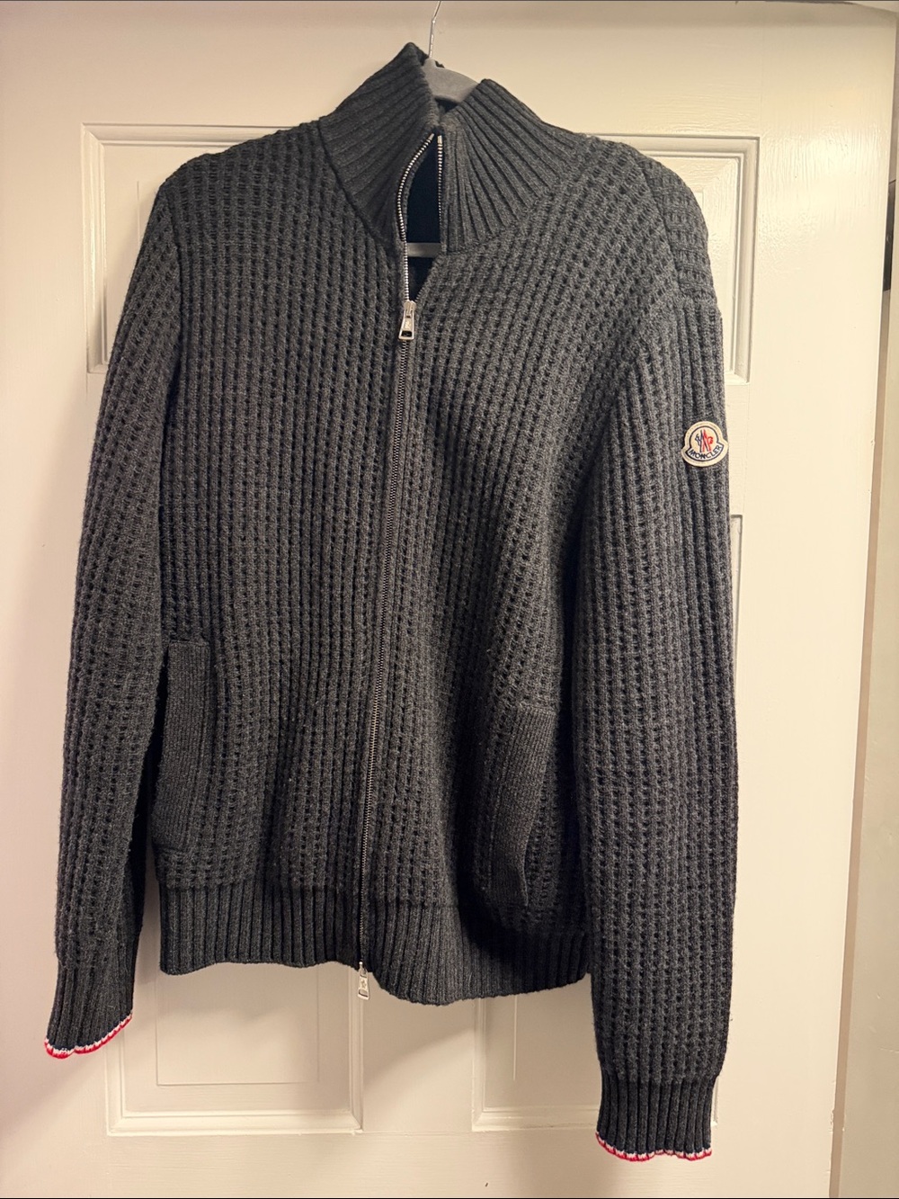 Moncler Charcoal Full-Zip Waffle Knit Men's Sweater